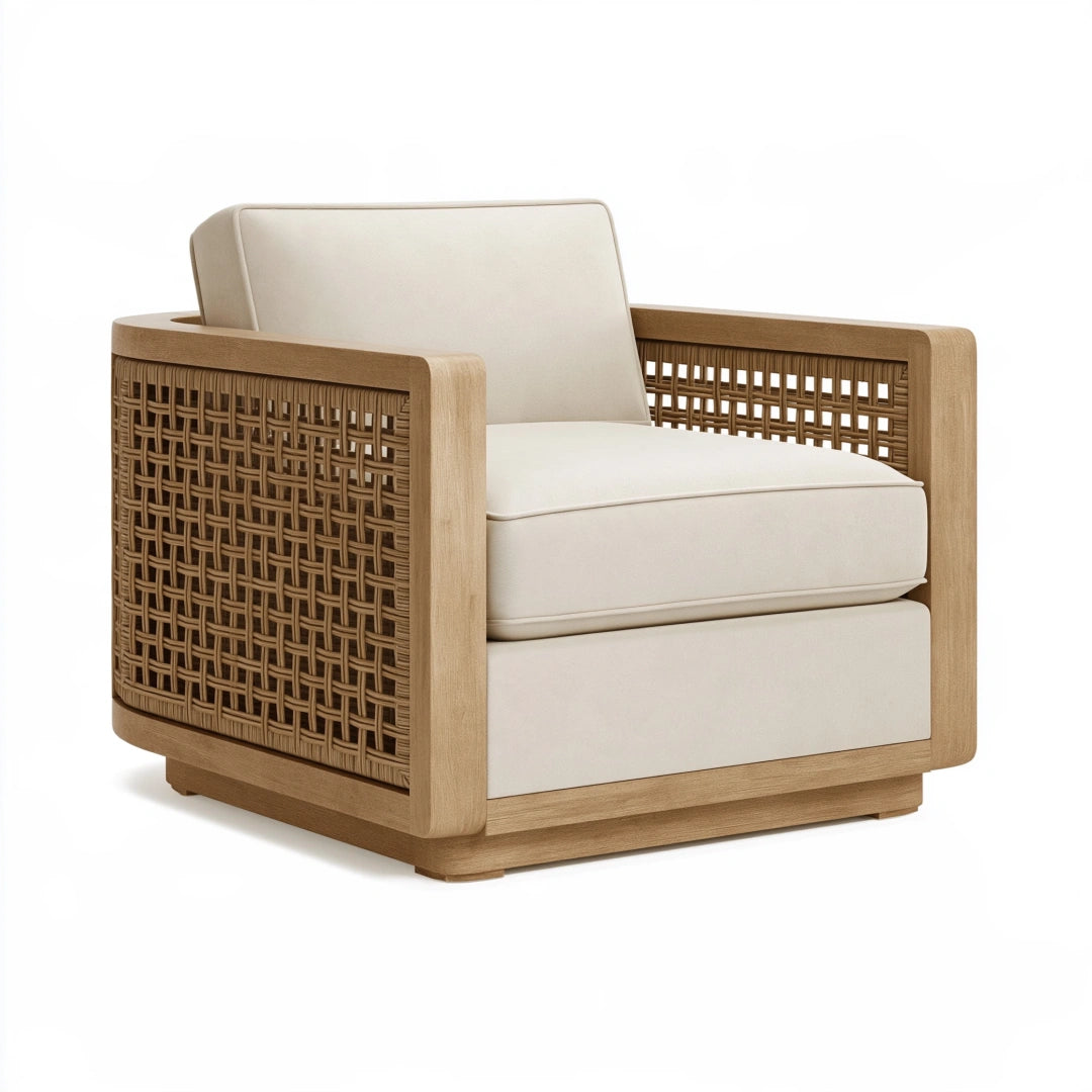 Fauteuil 85 x 80 x 80 cm en bois et rotin beige style naturel