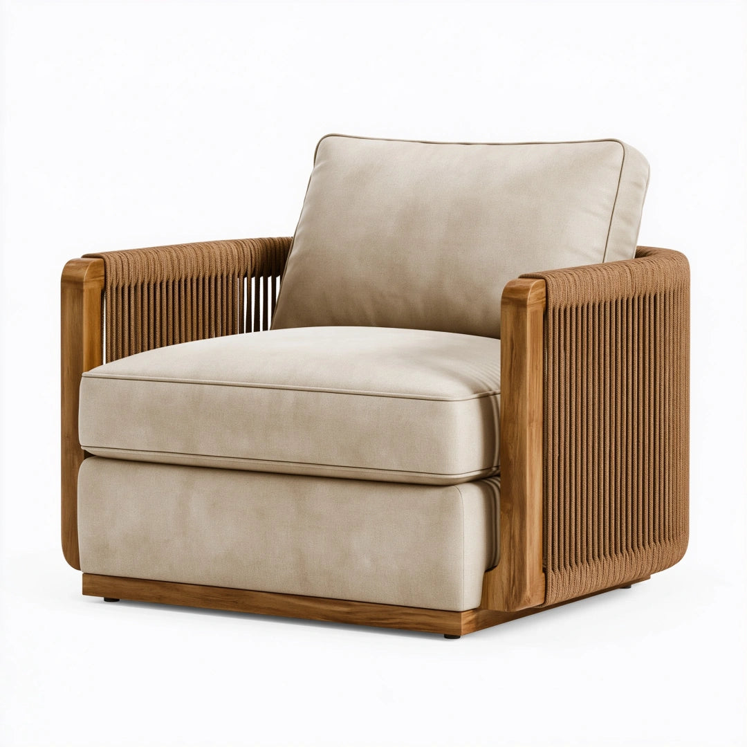 Fauteuil 90 x 85 x 85 cm en bois et corde tressée beige style naturel