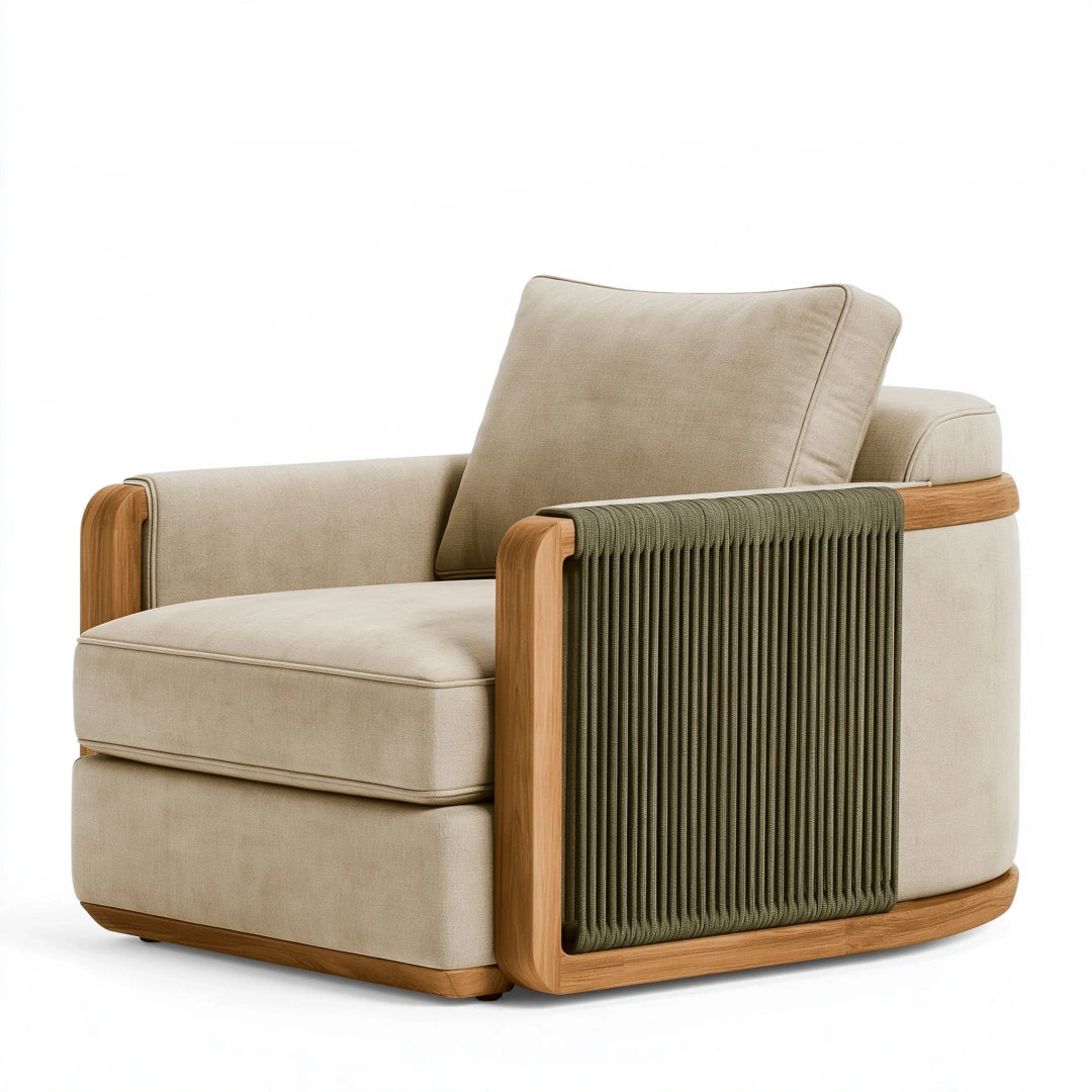 Fauteuil 95 x 90 x 82 cm en tissu beige avec bois et corde tressée style contemporain
