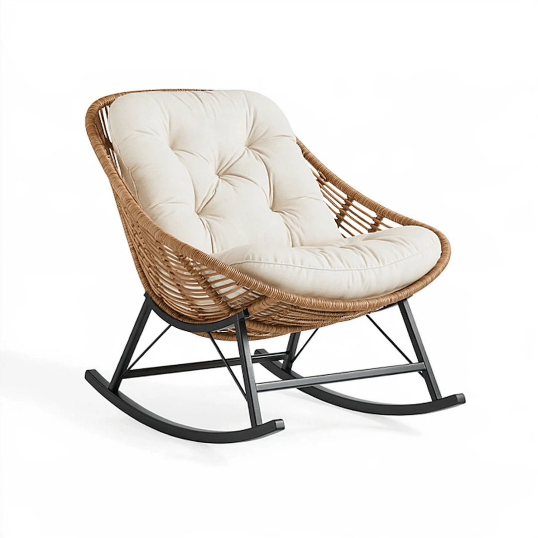 Fauteuil à bascule 92 x 72 x 98 cm en rotin naturel crème avec structure en métal pour intérieur