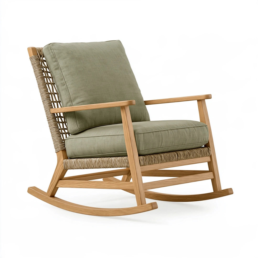 Fauteuil à bascule 92 x 70 x 96 cm en bois et fibres tressées vert sauge style naturel