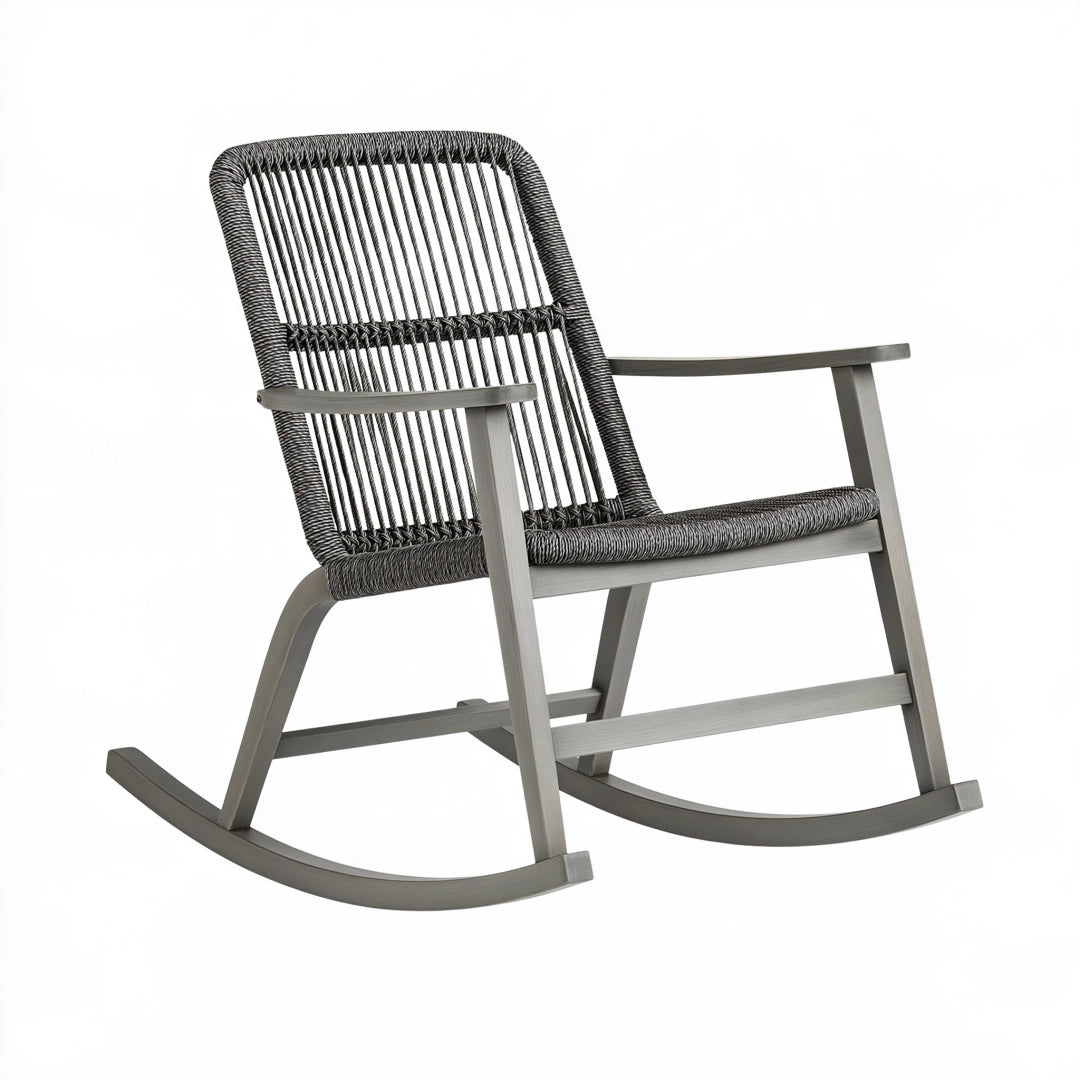 Fauteuil à bascule 105 x 70 x 100 cm en bois gris avec assise tressée style contemporain