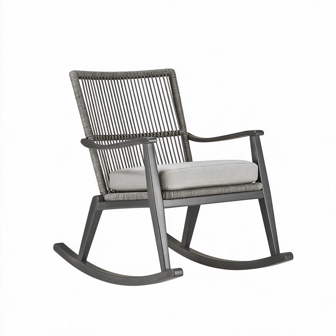 Fauteuil à bascule 68 x 92 x 98 cm en bois gris avec cordage tressé style contemporain