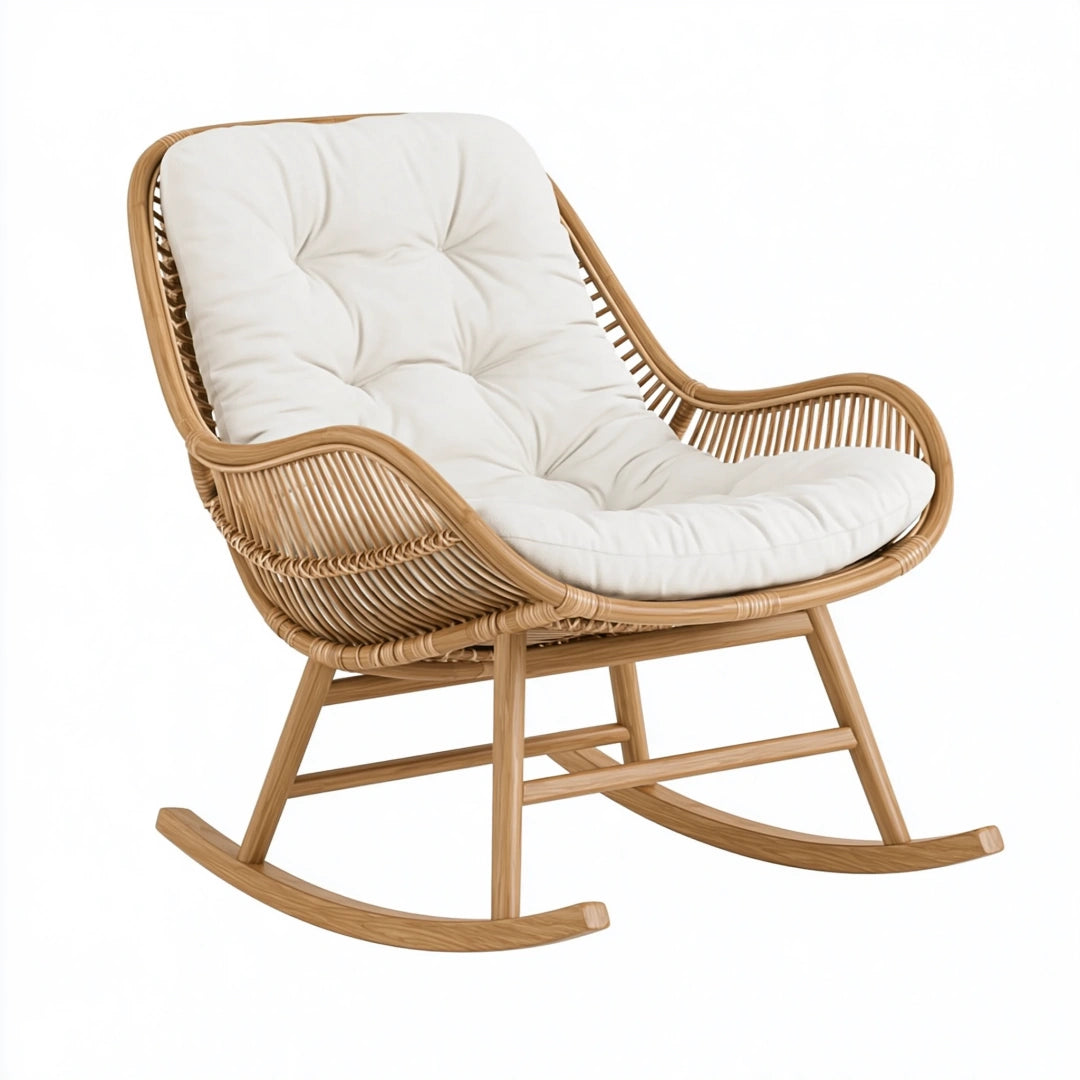 Fauteuil à bascule 92 x 68 x 98 cm en rotin naturel blanc style bohème
