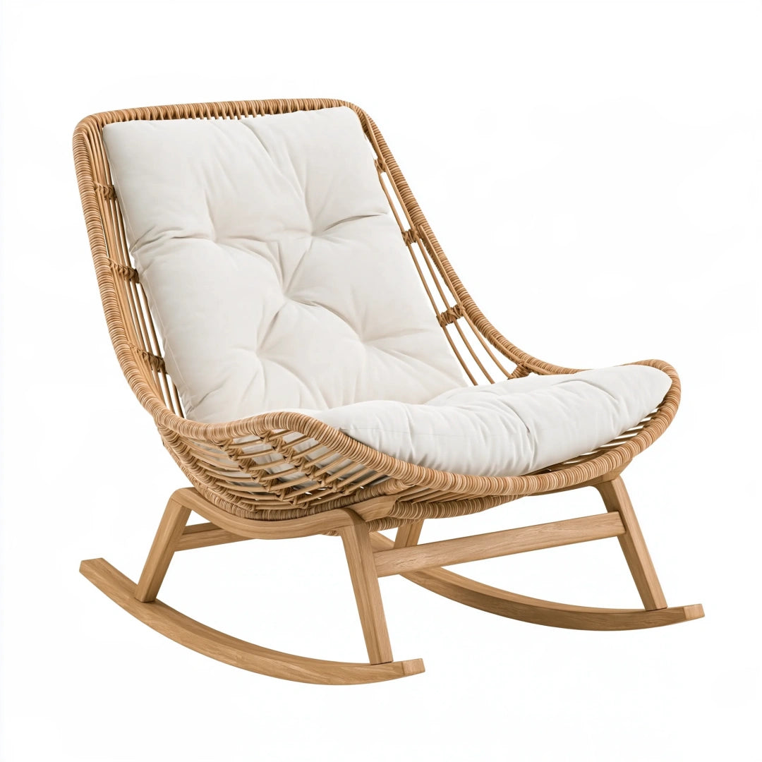 Fauteuil à bascule 110 x 75 x 95 cm en rotin naturel avec coussin blanc style bohème