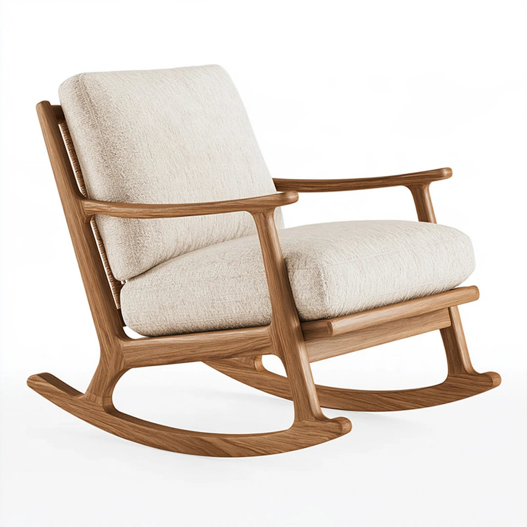 Fauteuil à bascule 95 x 70 x 100 cm en bois marron et tissu bouclette beige - style scandinave