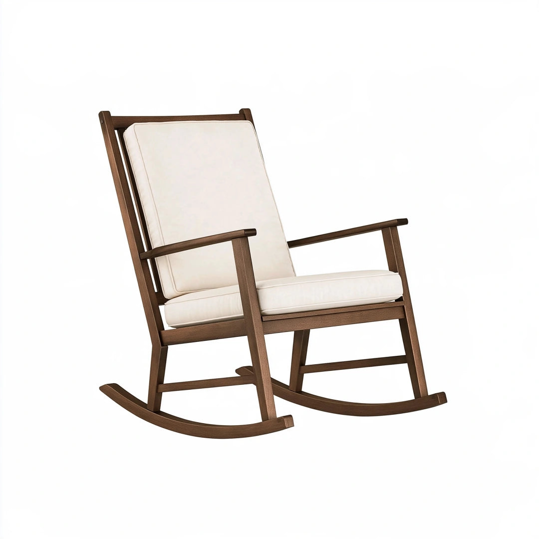 Fauteuil à bascule 92 x 68 x 100 cm en bois marron et tissu blanc cassé style scandinave