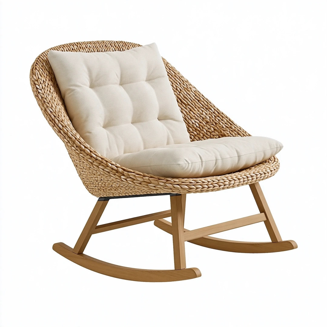 Fauteuil à bascule 95 x 70 x 95 cm en fibres tressées beige et bois naturel avec assise rembourrée style bohème
