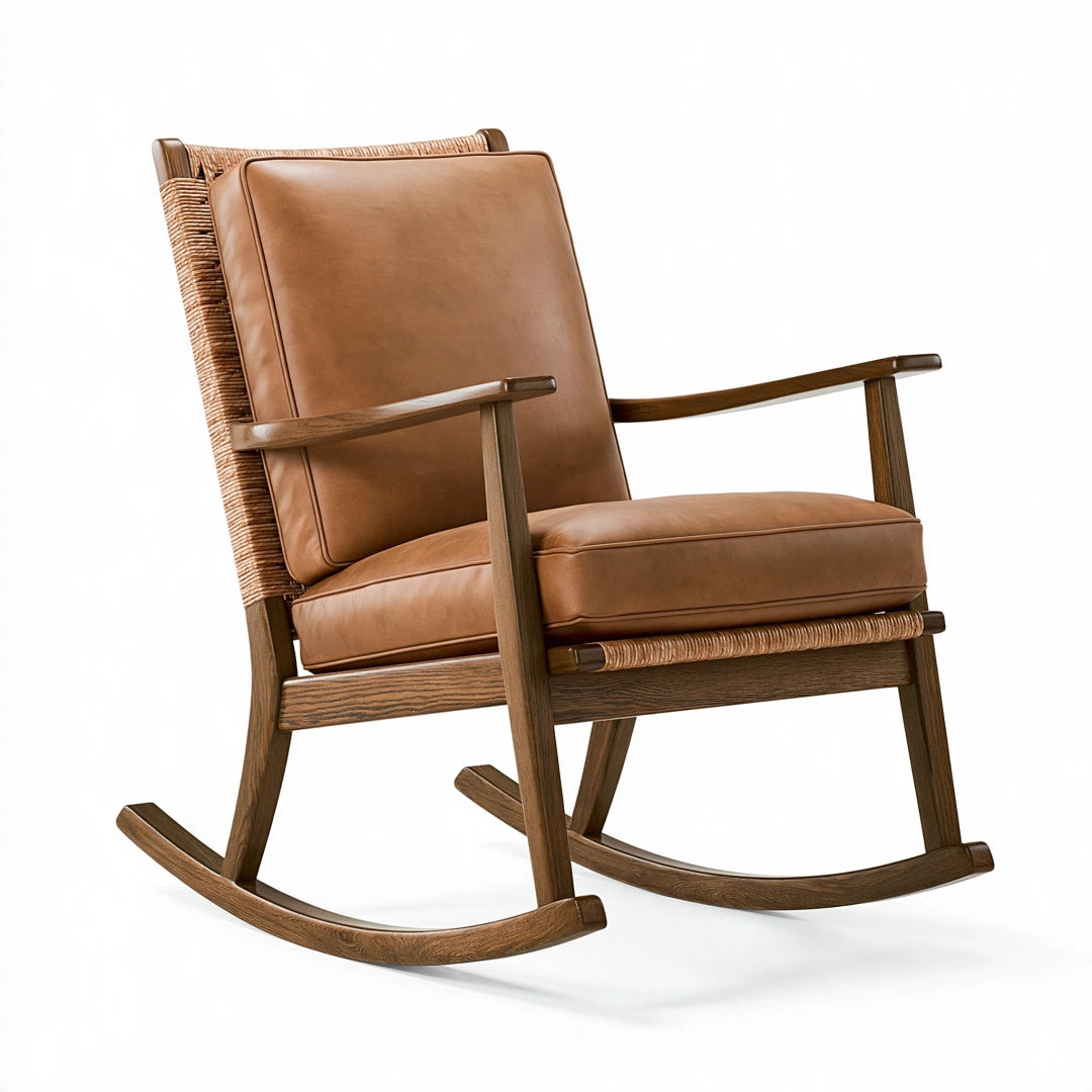 Fauteuil à bascule 70 x 95 x 100 cm en bois brun et rotin avec assise aspect cuir